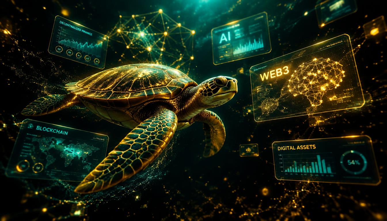 Golden turtle swimming among glowing AI and Web3 interface panels