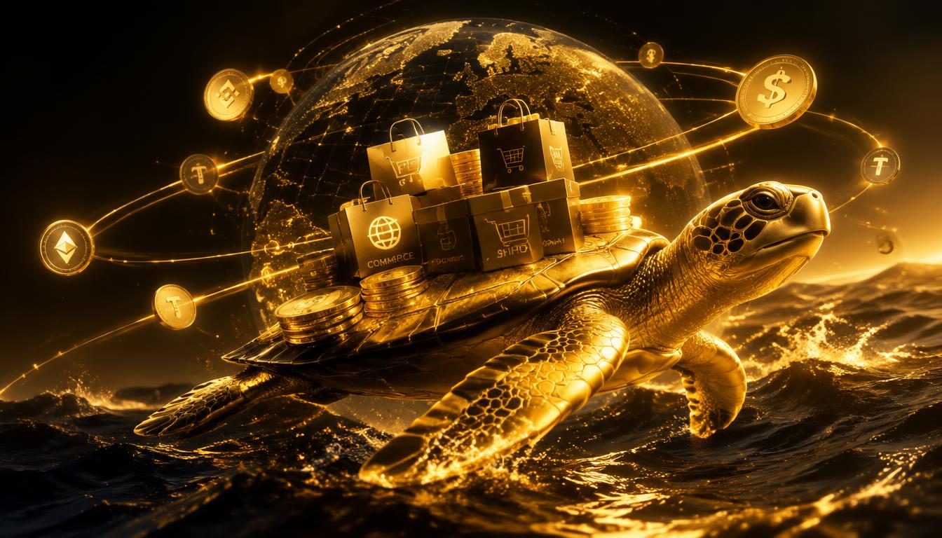 Golden turtle carrying glowing commerce packages and coins