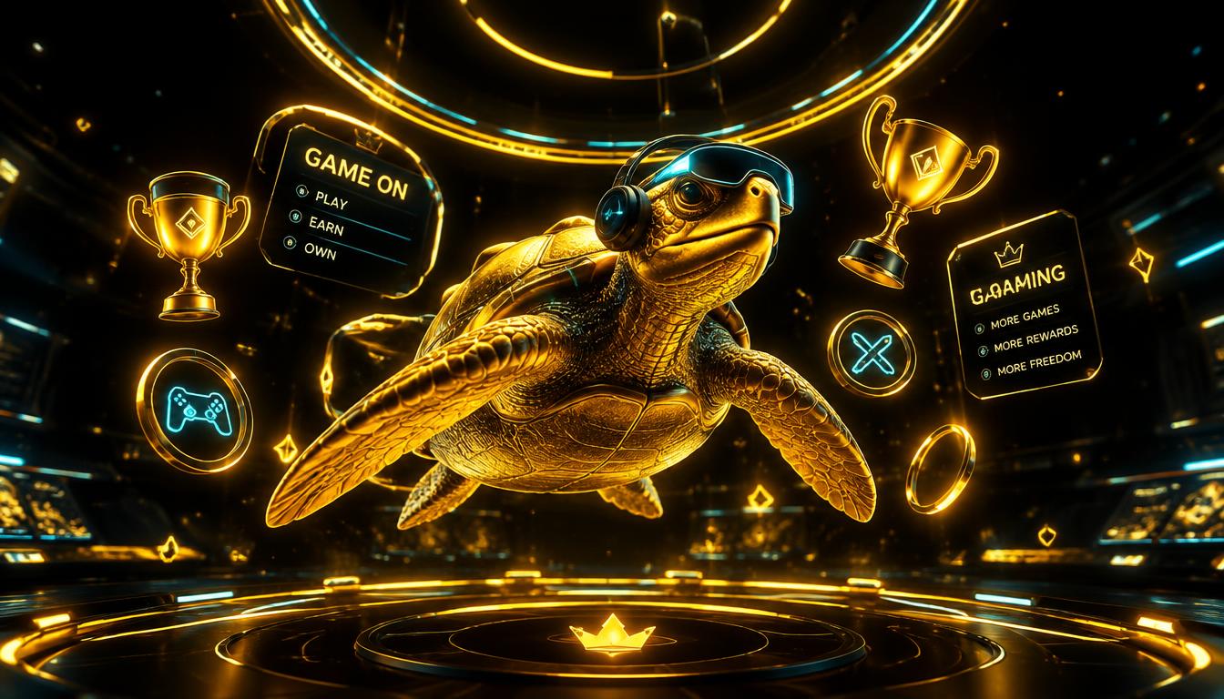 Golden turtle in a dark neon gaming arena with trophies