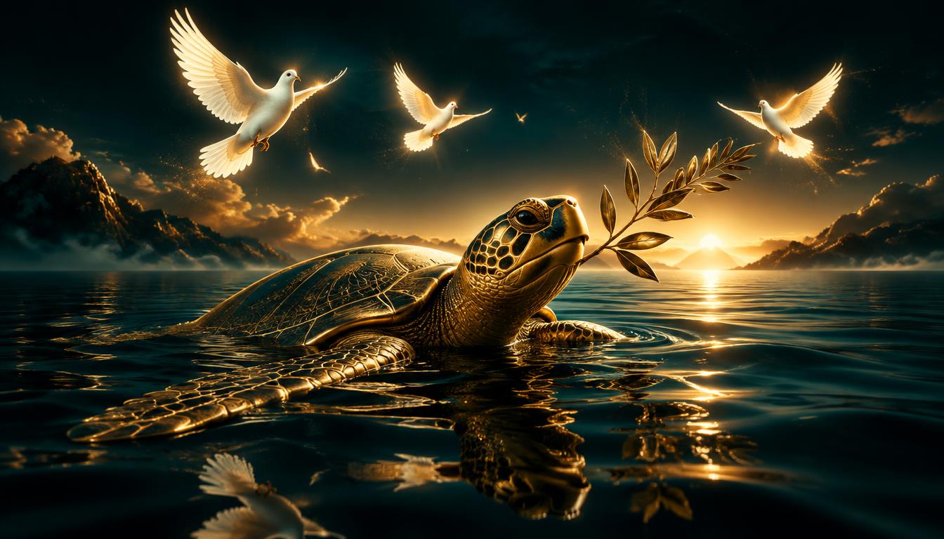 Serene golden turtle with a golden olive branch and doves of light