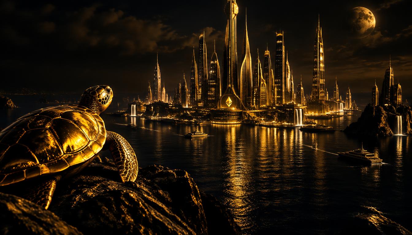 Golden turtle overlooking a futuristic golden city on the water