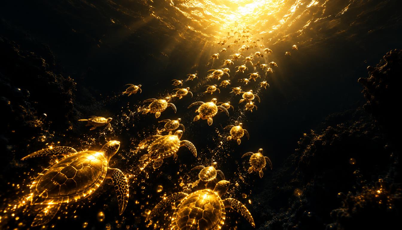 A swarm of golden turtles rising together toward the light